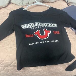 True Religion Black and Red Crop Top with Bold Branding
